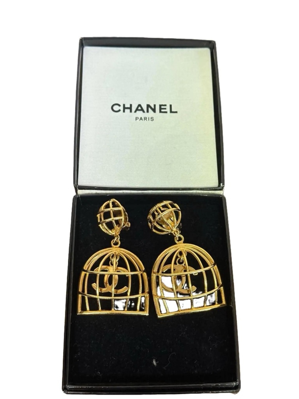 CHANEL 24K Gold Plated Birdcage Drop Clip On Earrings with COA
